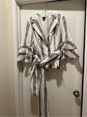 Don Caster 100% Silk Striped Tie-Waist Bell Sleeve Blouse Black & Cream Size 8